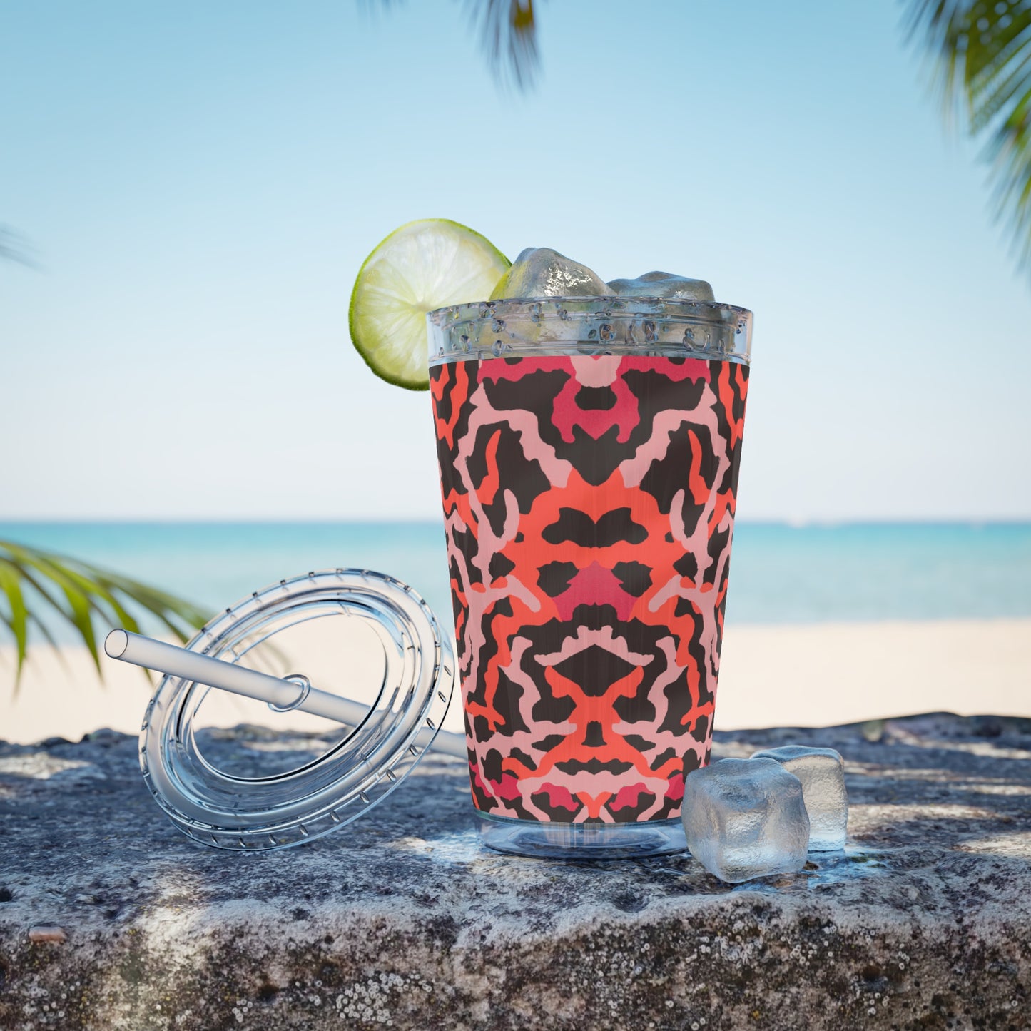 Tropical Tumbler with Straw | 16oz Colorful Travel Cup / Coral Threads, Red