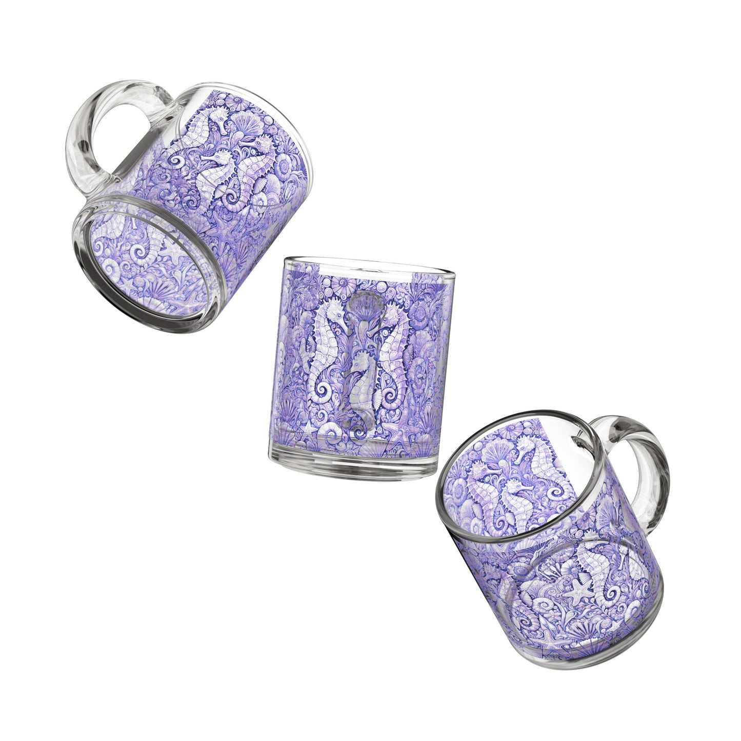 Tropical Glass Mug - 10oz Coffee Cup / Seahorses, Amethyst