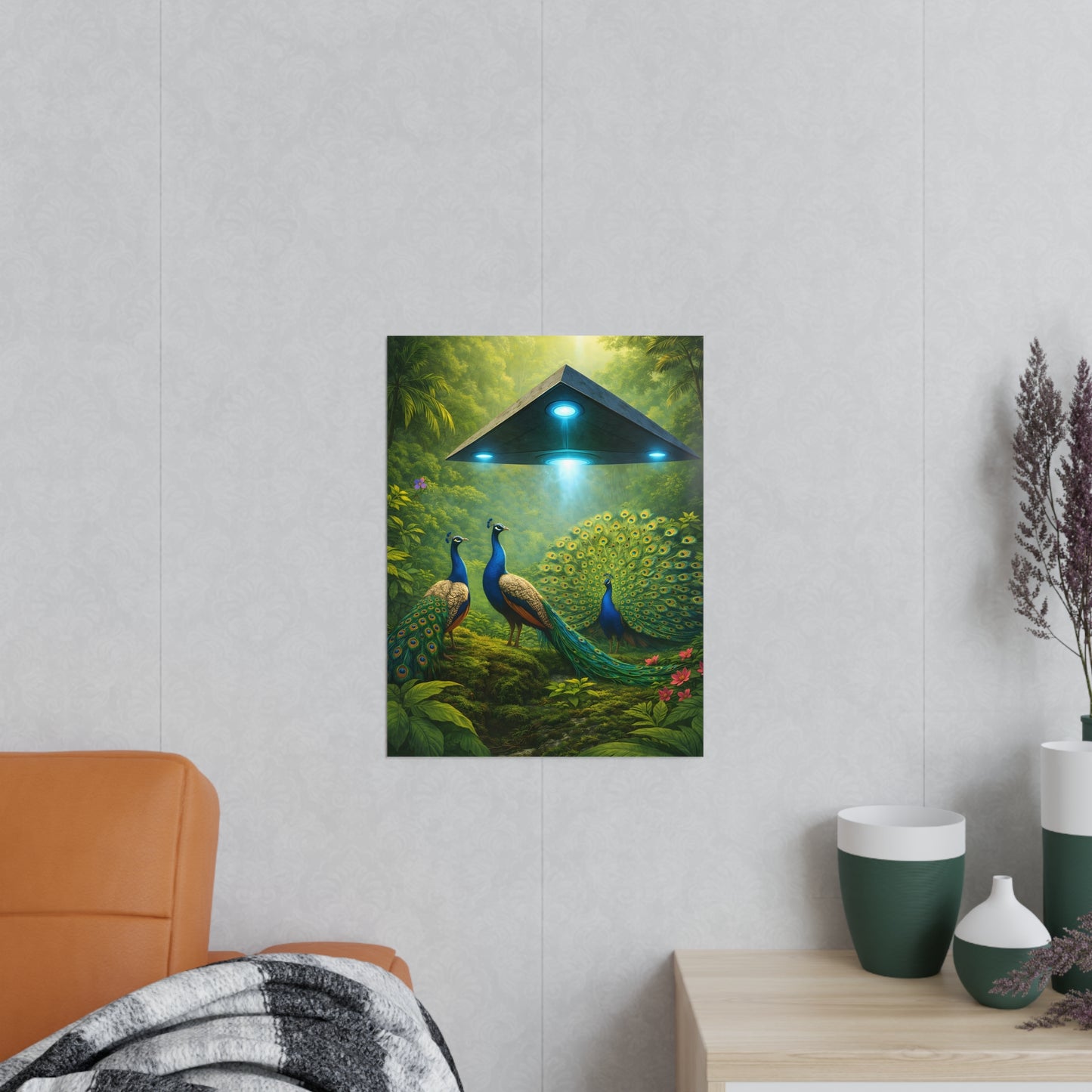 Photopaper Poster — UFO & Peacocks Sci‑Fi Wall Art