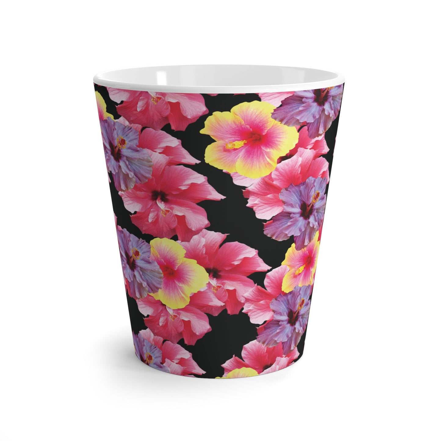 Latte White Mug - Real Hisbiscus Flowers Trio/Black