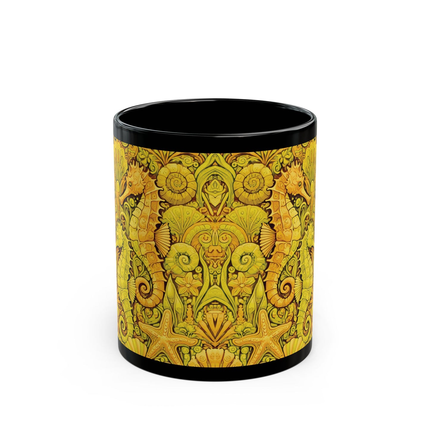 Black Coffee Mug - Seahorse Fantasy, Yellow