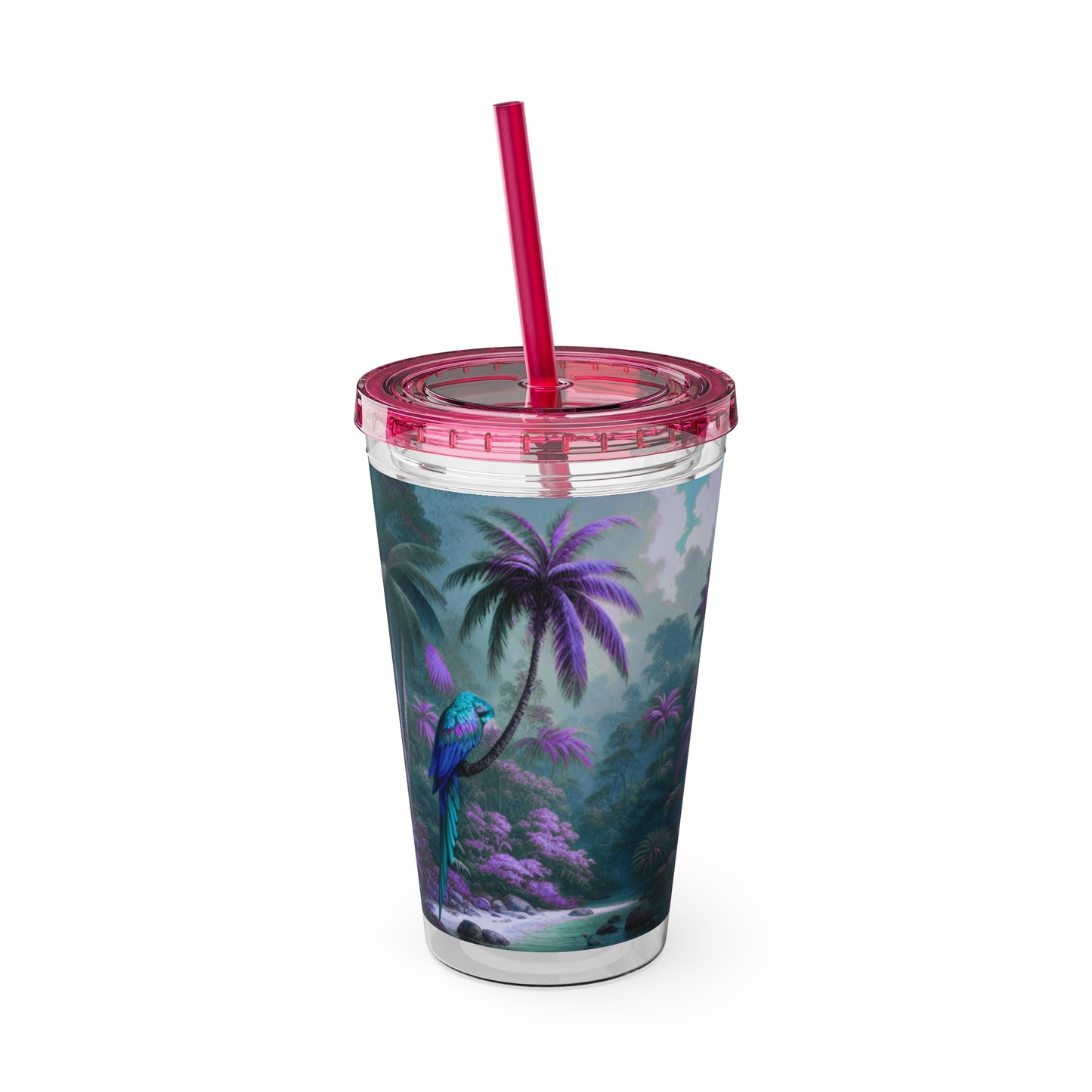 Tropical Tumbler with Straw | 16oz Colorful Travel Cup / Sleeping Parrot/Fantasy