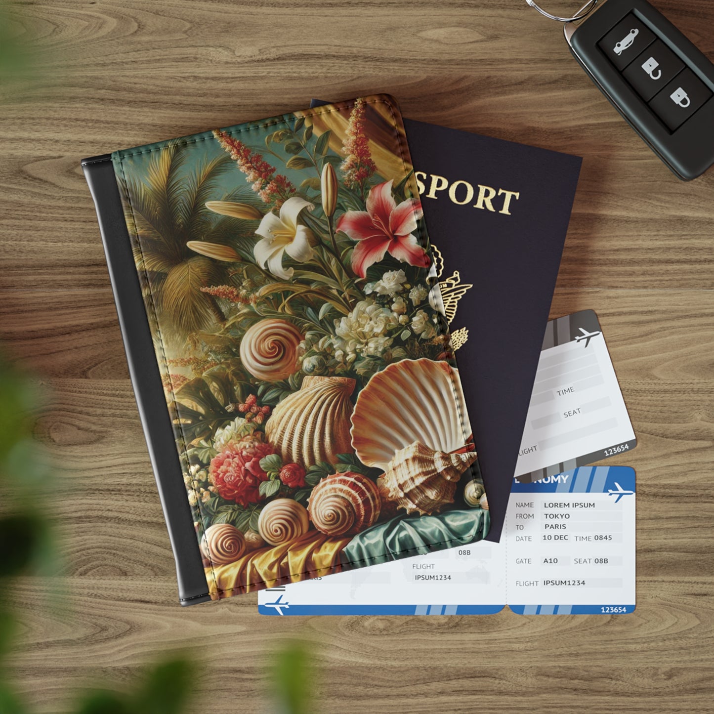 Tropical Passport Cover, Faux Leather - RFID blocking for travel security / Shells and Flowers