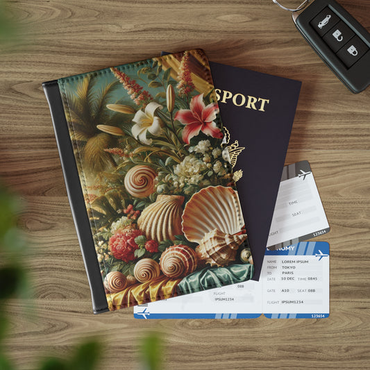 Tropical Passport Cover, Faux Leather - RFID blocking for travel security / Shells and Flowers