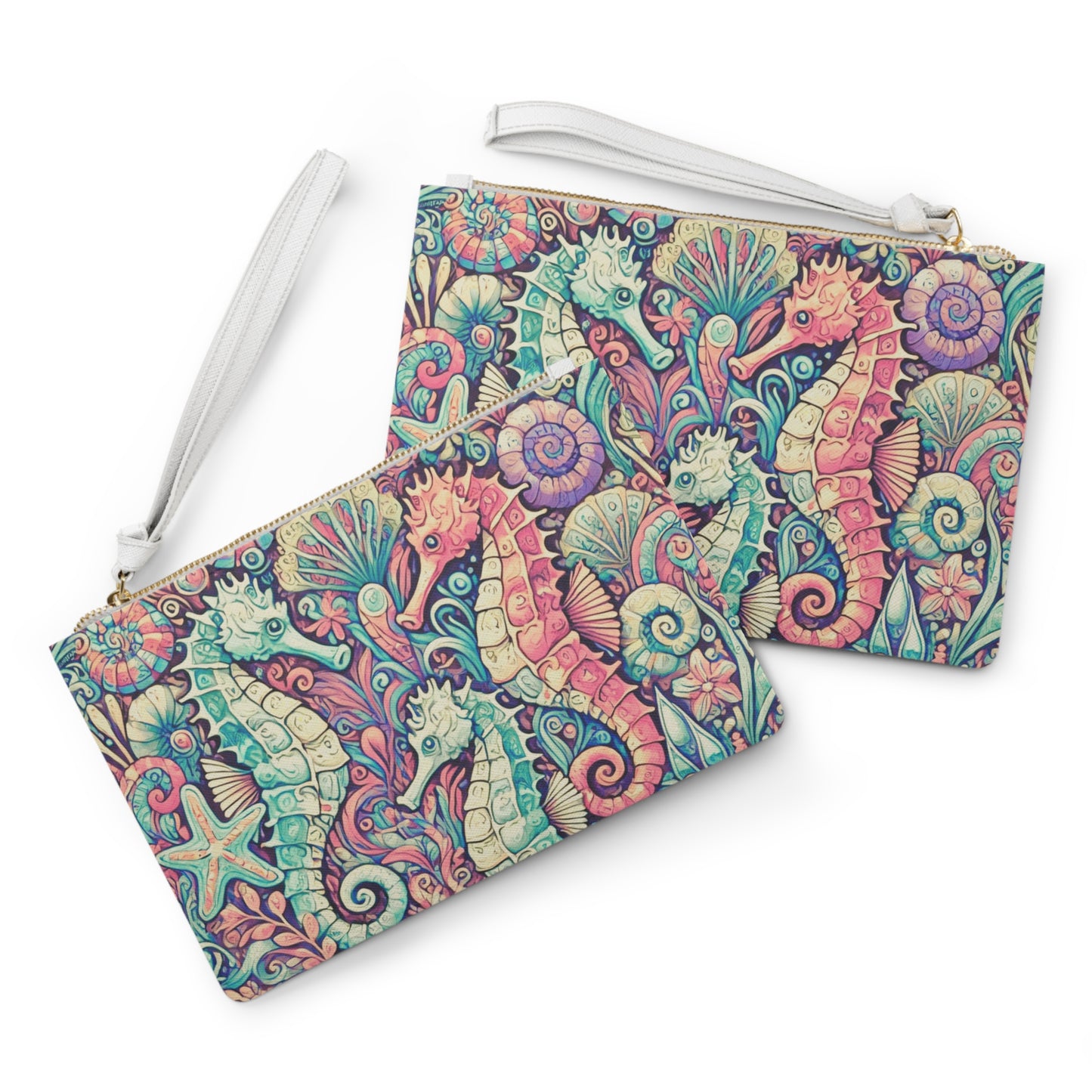 Tropical Faux Leather Clutch Bag - Perfect for Beach Adventures & Summer Vacations / Seahorse Trio, Retro