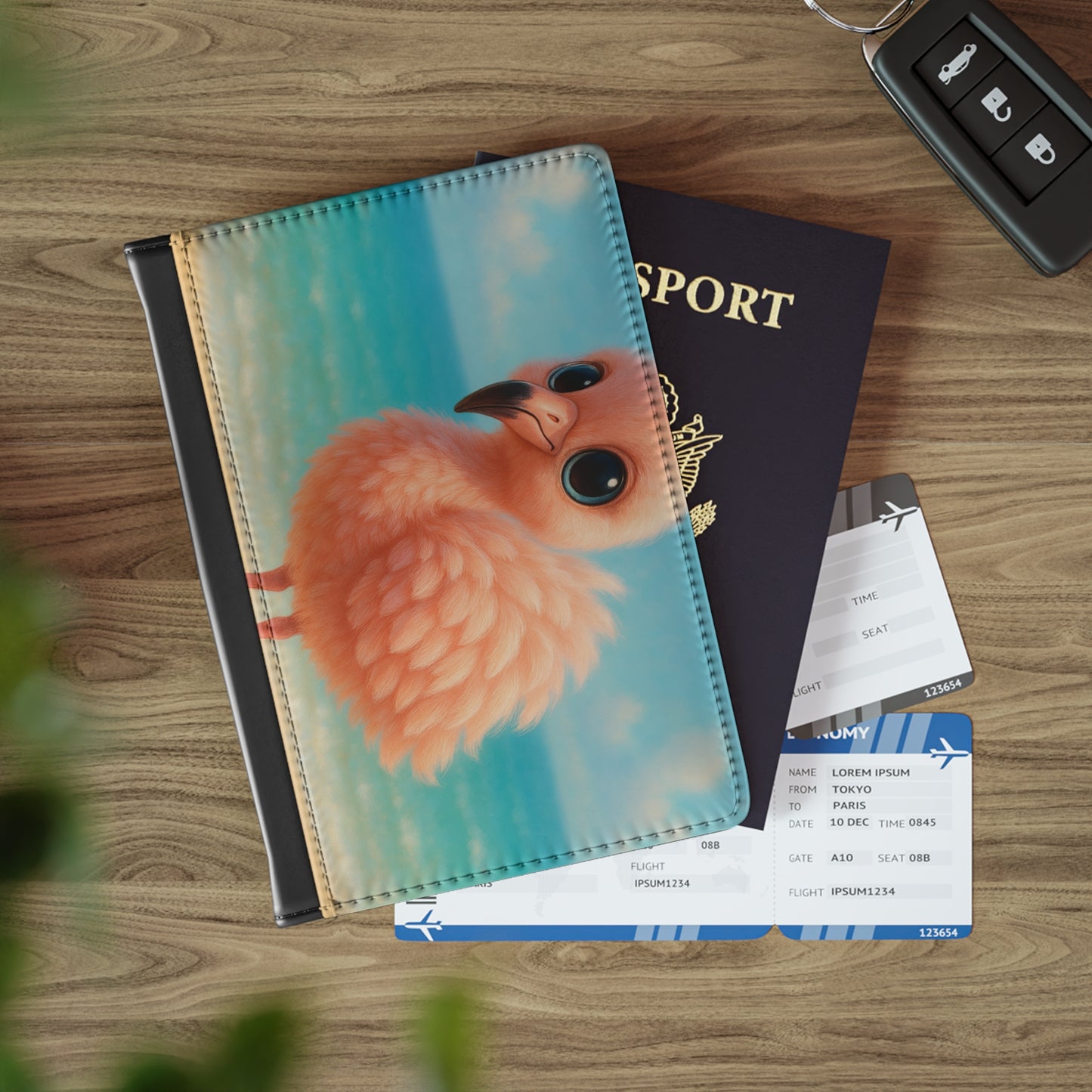Tropical Passport Cover, Faux Leather - RFID blocking for travel security / Baby Flamingo