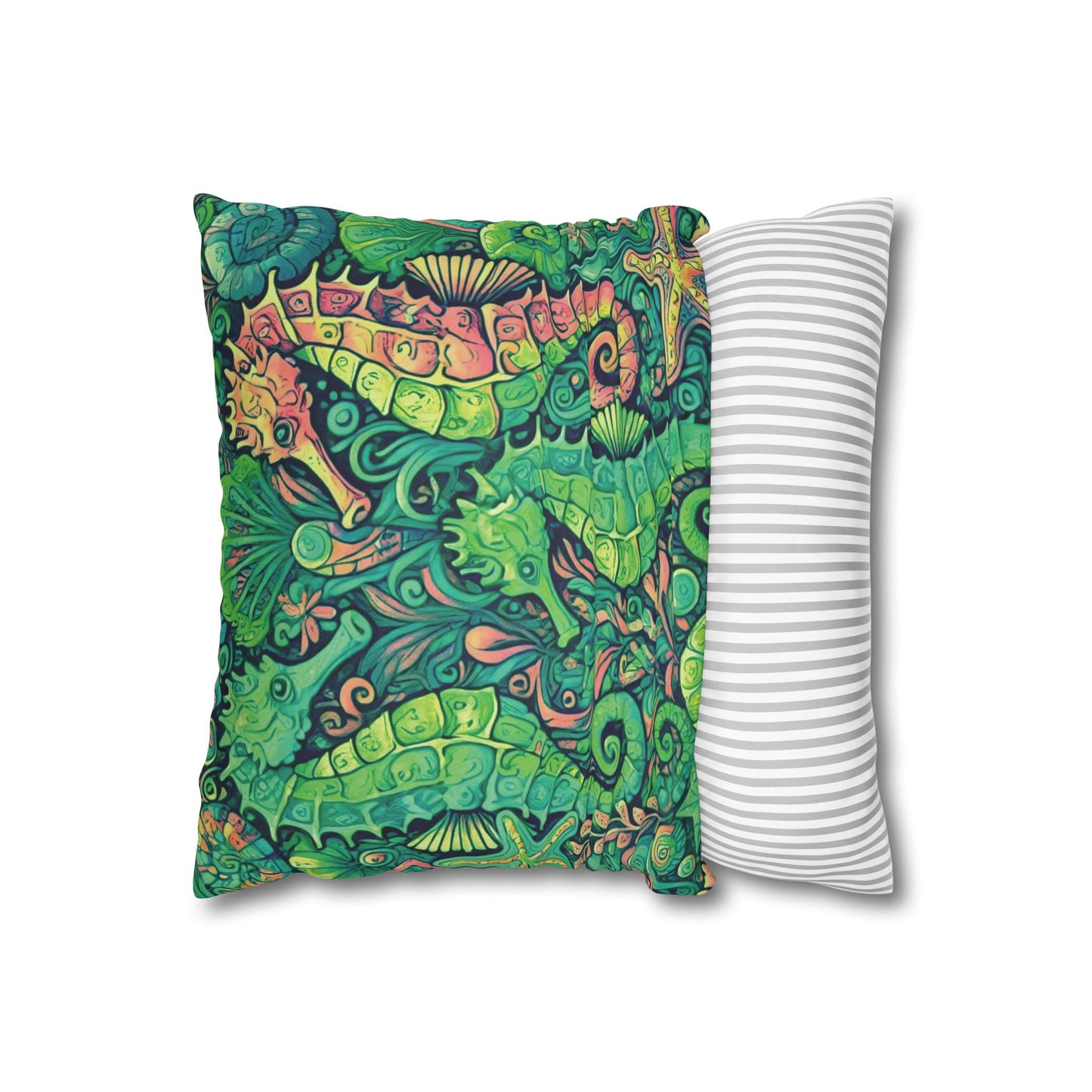 Faux Suede Square Pillowcase - Seahorse Trio/Hot Lime