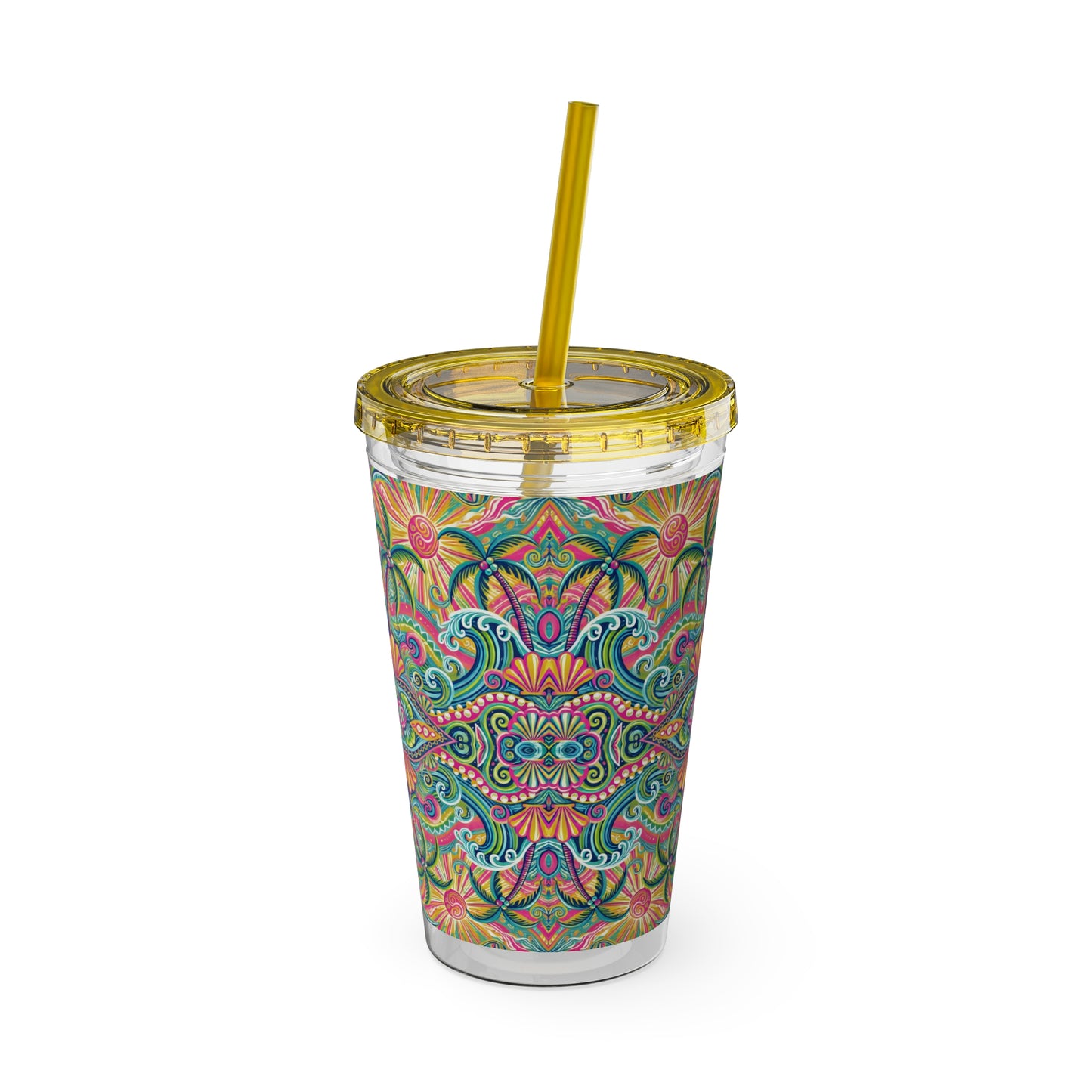 Tropical Tumbler with Straw | 16oz Colorful Travel Cup / Kaleido Bay