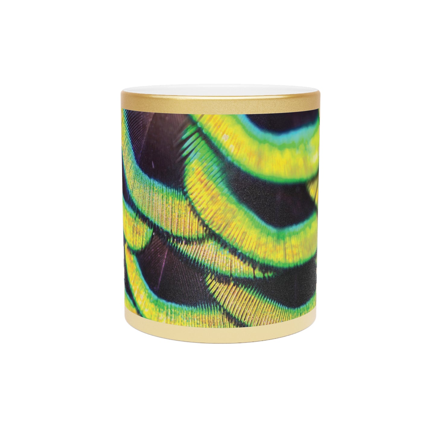 Colorful Flower Metallic Mug, Gold or Silver - Yellow Peacock Feathers