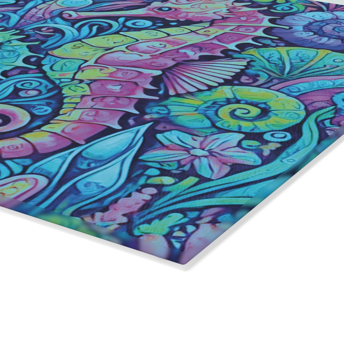 Glass Cutting Board, 2 sizes - Seahorses Turquoise Pop