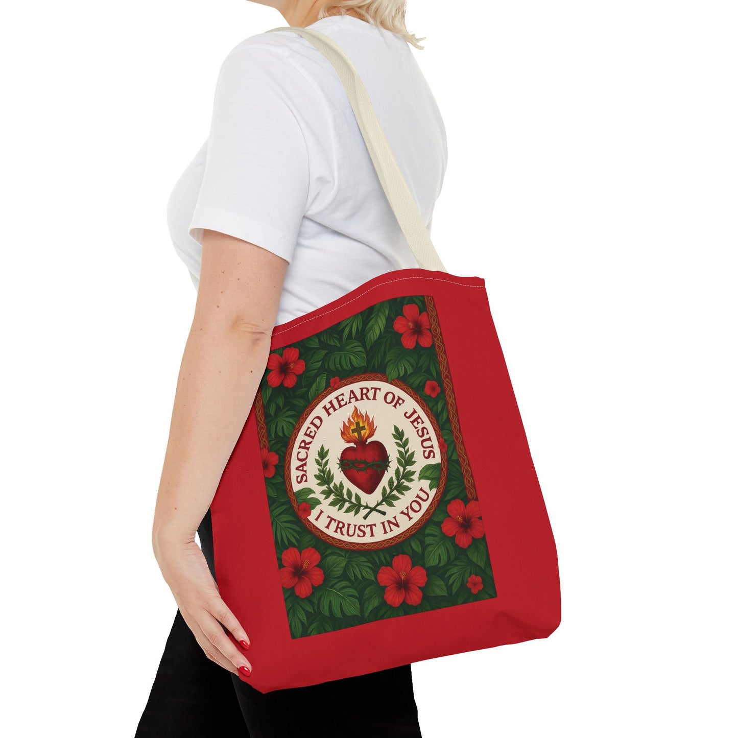 Religious Tote Bag - 3 Sizes / Sacred Heart of Jesus Prayer, Red