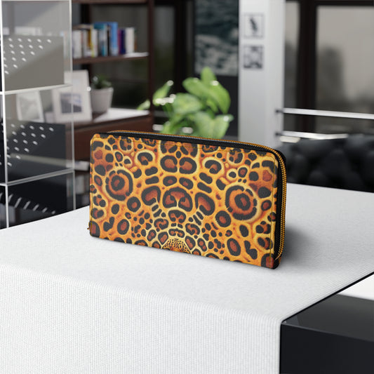 Tropical Zipper Wallet, Faux Leather / Vibrant Clutch / Jaguar Spots