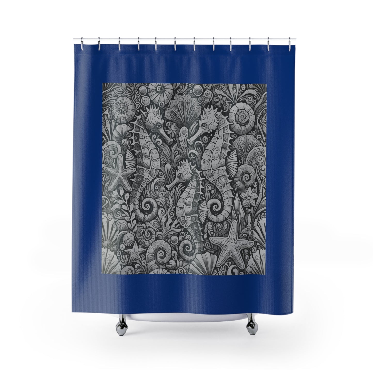 Tropical Shower Curtain - Ocean Bathroom Decor / Seahorse Trio Noir/Navy Blue