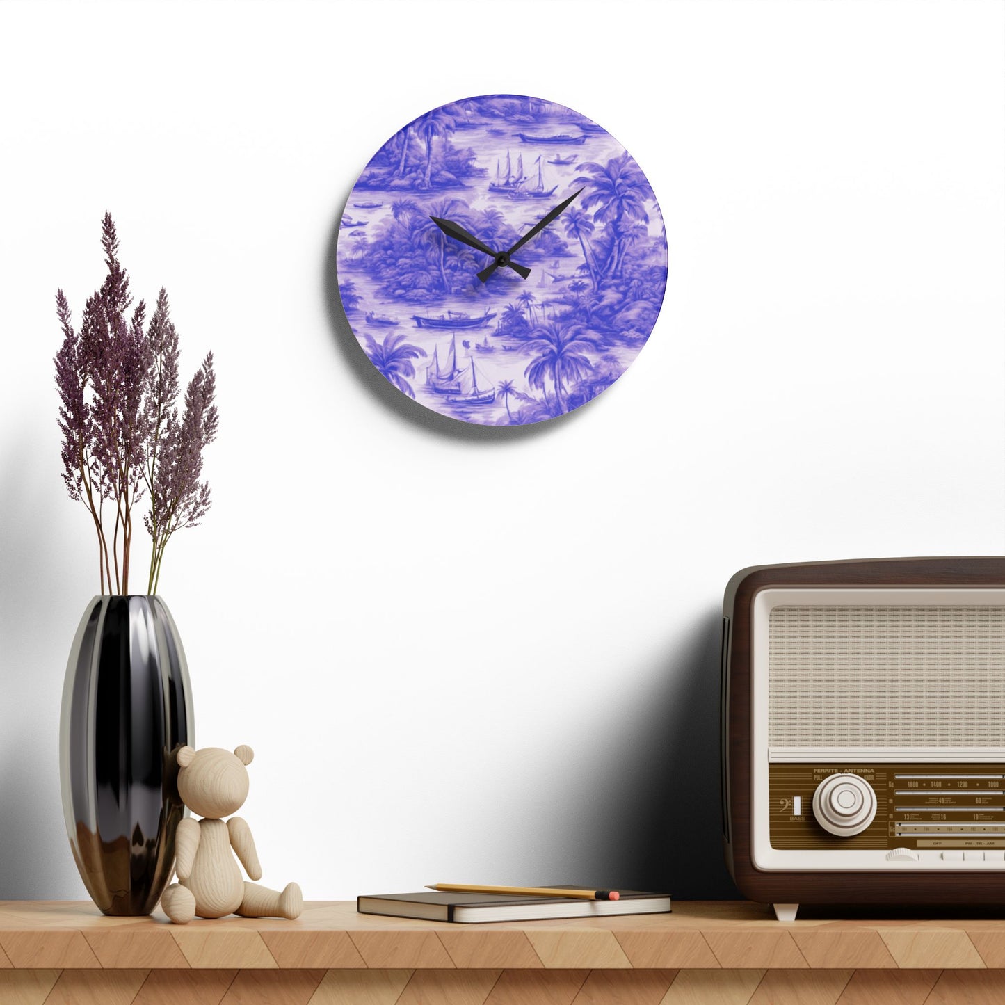 Acrylic Wall Clock, Tropical Toile #1/Purple, 4 Variants