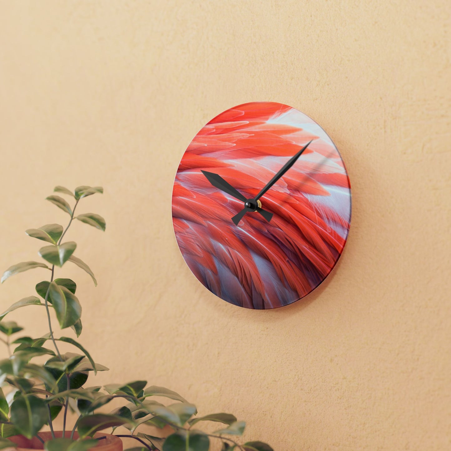 Acrylic Wall Clock, Real Flamingo Feathers