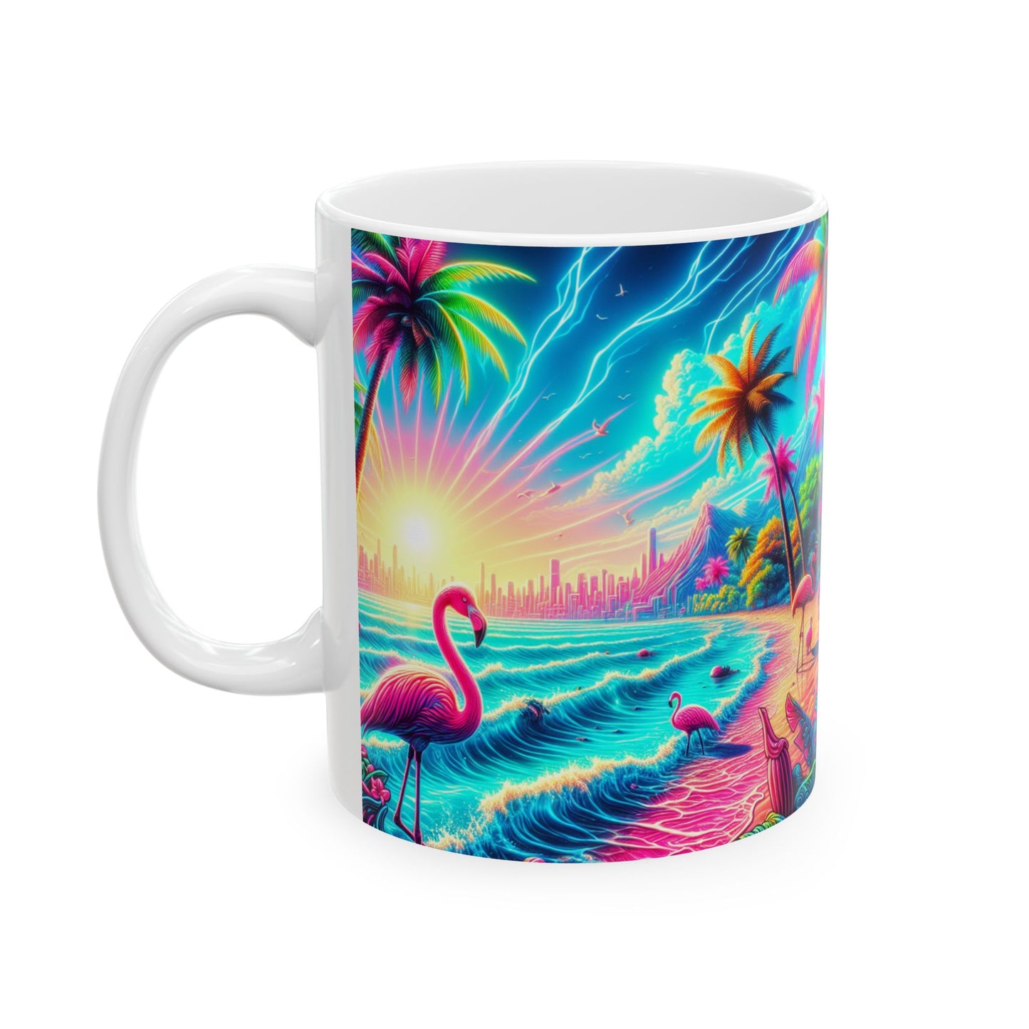 Ceramic White Mug - 11oz & 15oz, / Pop Art Flamingo Beach