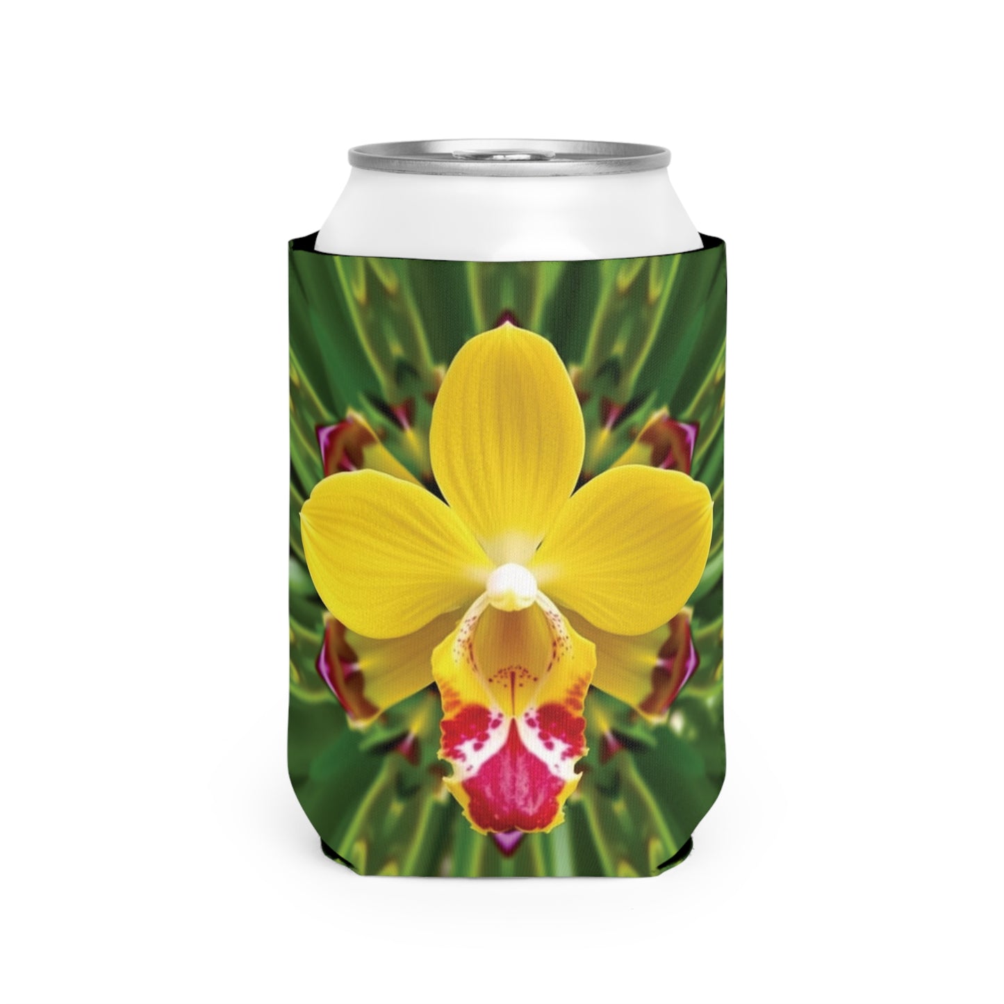 Kaleido Yellow Orchid Can Cooler Sleeve - Perfect for Outdoor Picnics