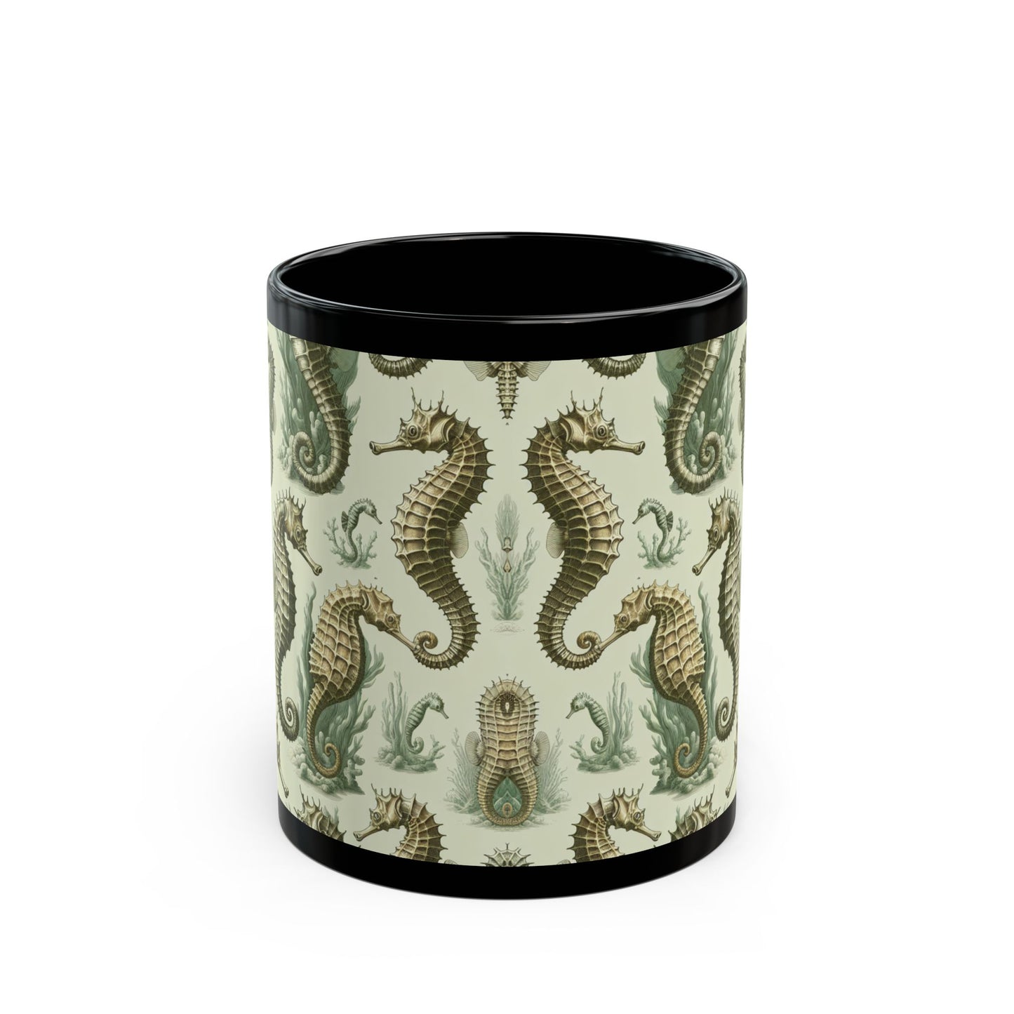 Black Coffee Mug - Green Toile Seahorses