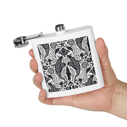 Tropical Stainless Steel 6 oz. Flask, Many Colors  – Mystic Ocean, Black/White