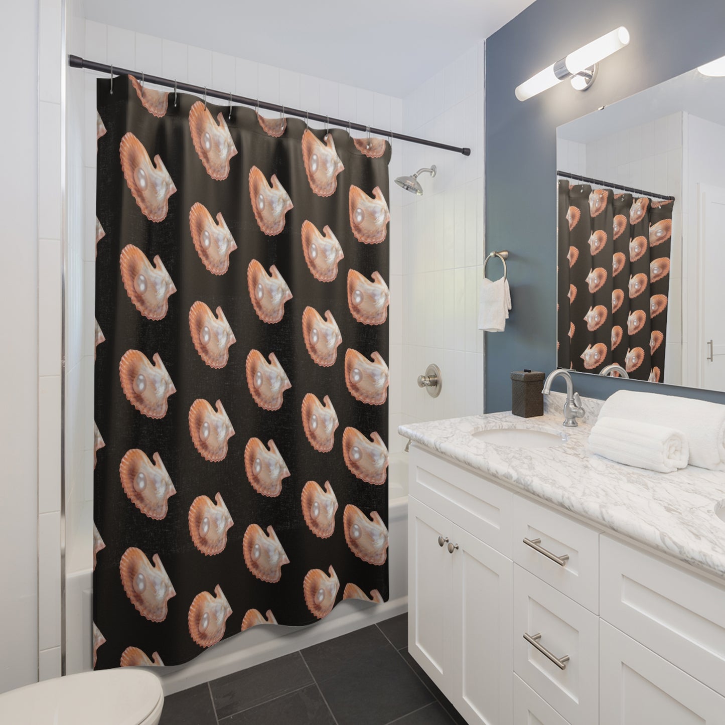 Tropical Shower Curtain - Ocean Bathroom Decor / Lavender Freshwater Pearl/Black