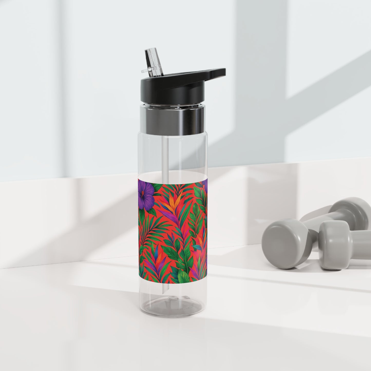 Tropical 20oz Tritan Sport Water Bottle -  Leakproof, Lightweight, BPA-Free / Midnight Flower Coral