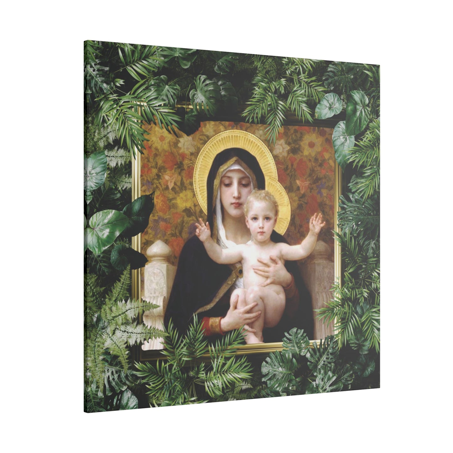 "Tropical Madonna of Lilies" Religious Canvas Artwork - Stretched Canvas Print / Virgin Mary & Jesus