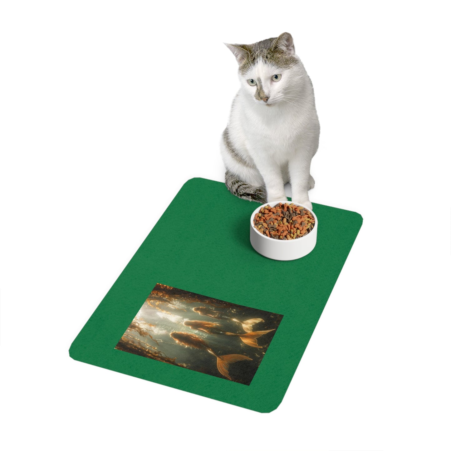 Pet Food Mat (12x18), Three Mermaid Sisters, dark green