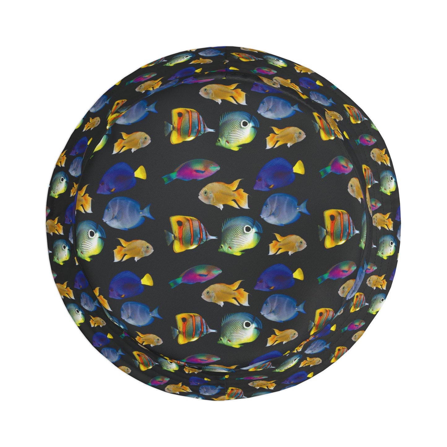 Tropical Polyester Bucket Hat, 2 Sizes - School of Fish / Black