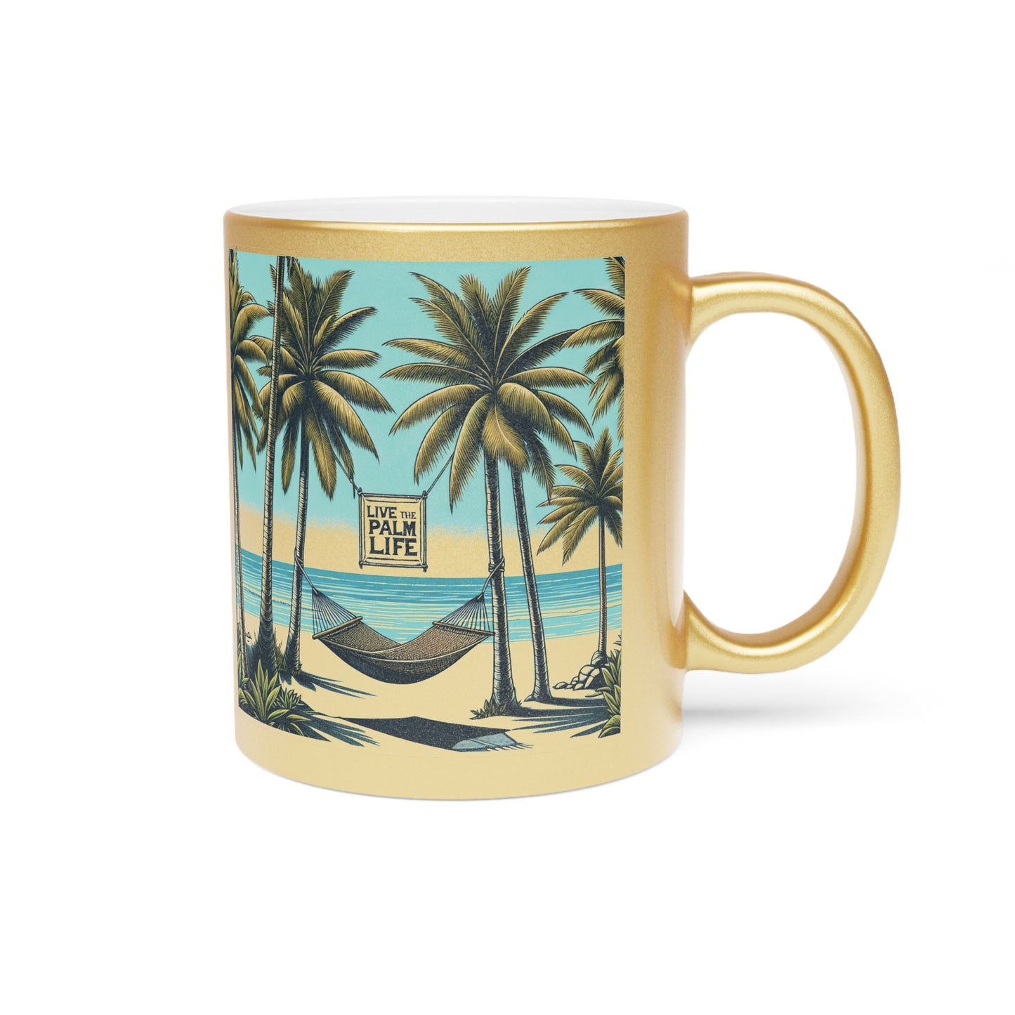 Colorful Tropical Metallic Mug, Gold or Silver - Hammock on the Beach