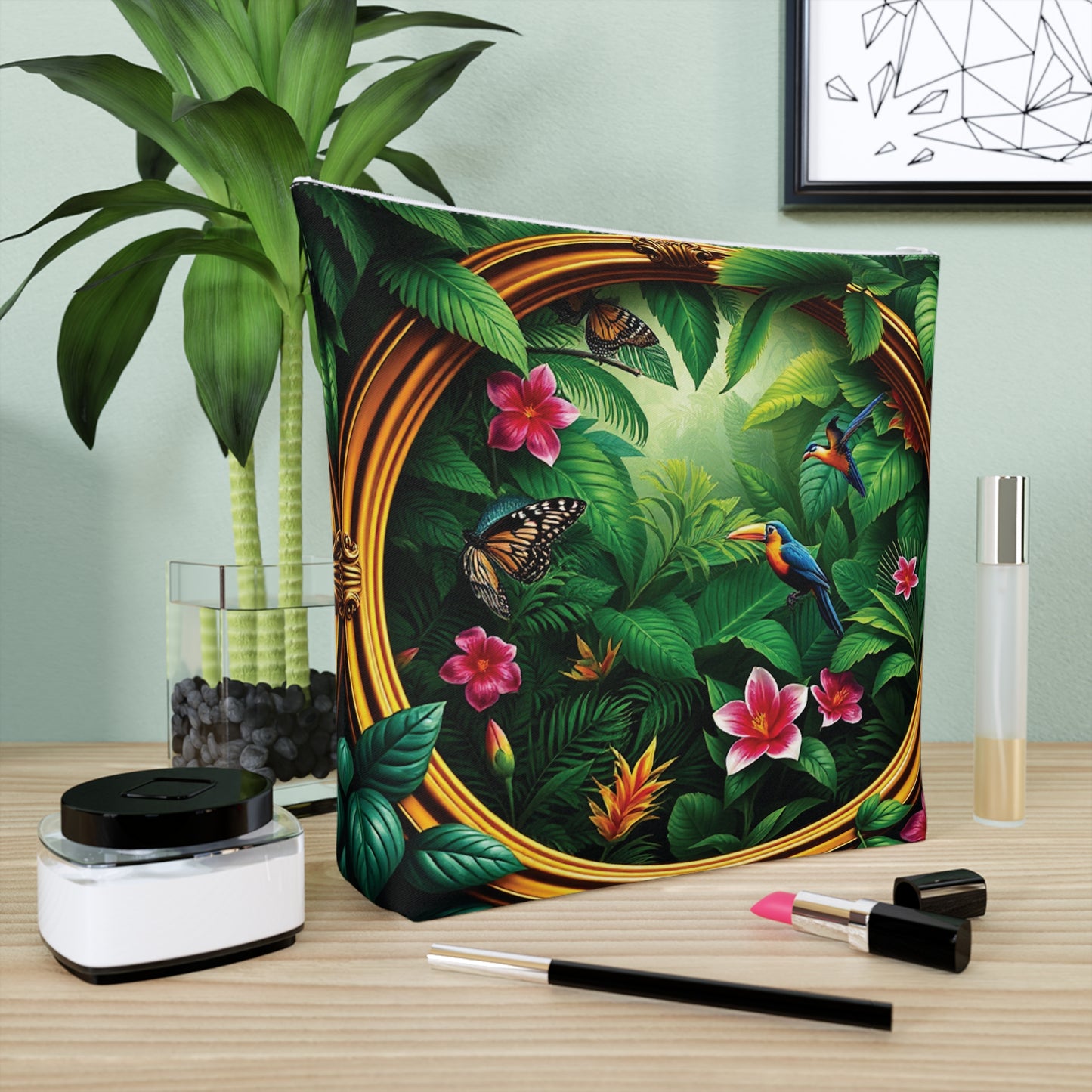 Tropical Cotton Cosmetic Bag - Makeup Pouch, 5 Sizes / Framed Rainforest