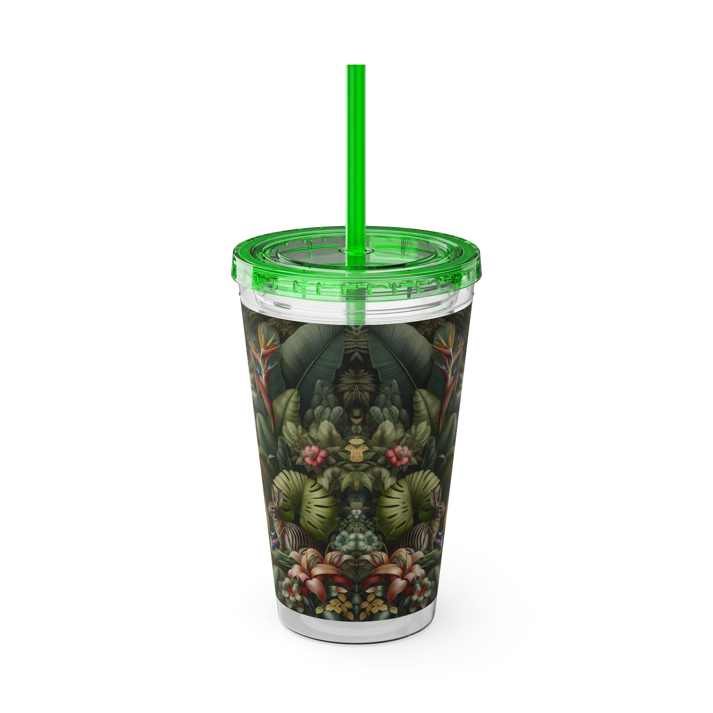 Tropical Tumbler with Straw | 16oz Colorful Travel Cup / Rainforest Rabbit Outing