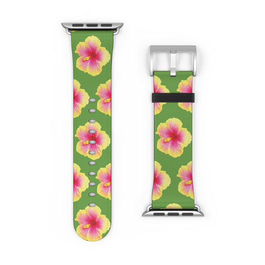 Apple Watch Band - REAL Yellow/Orange Hibiscus Flower, Green