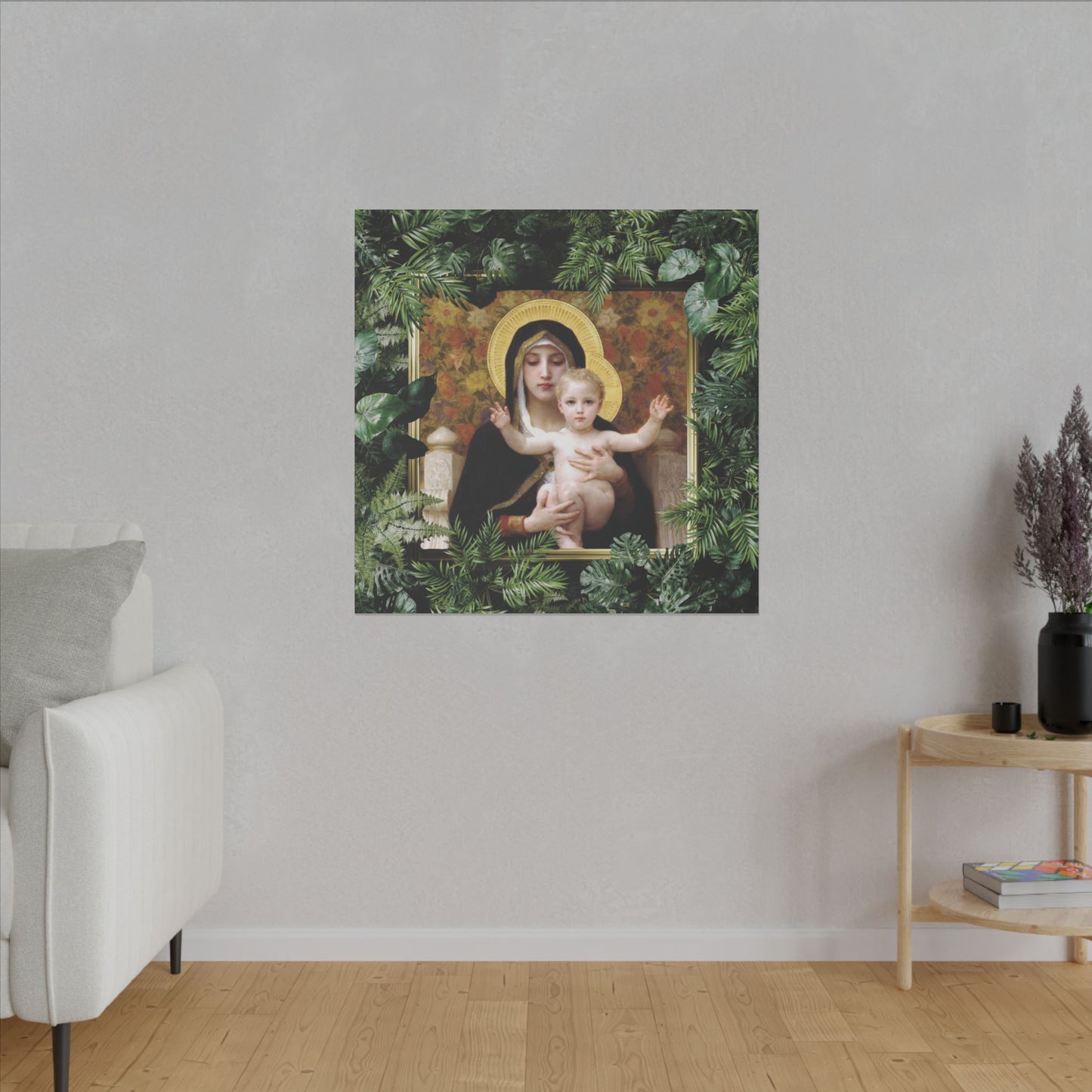 "Tropical Madonna of Lilies" Religious Canvas Artwork - Stretched Canvas Print / Virgin Mary & Jesus