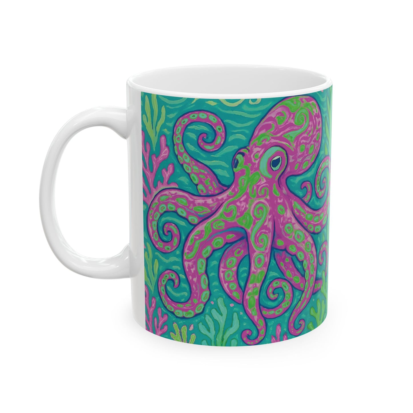 Ceramic White Mug - 11oz & 15oz, Purple Octopus Kraken Joe