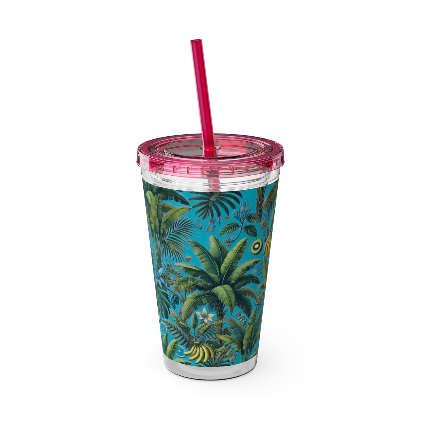 Tropical Tumbler with Straw | 16oz Colorful Travel Cup / More Tropical Fruit, Aqua Blue