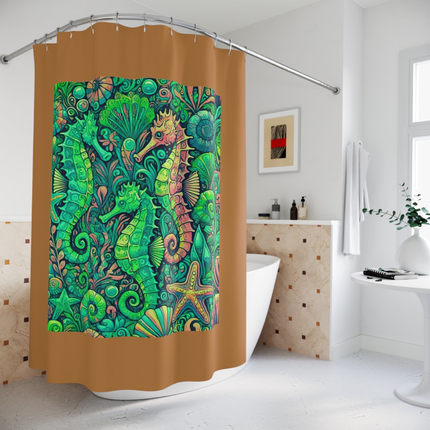 Tropical Shower Curtain - Ocean Bathroom Decor / Seahorse Trio Hot Lime/Light Brown
