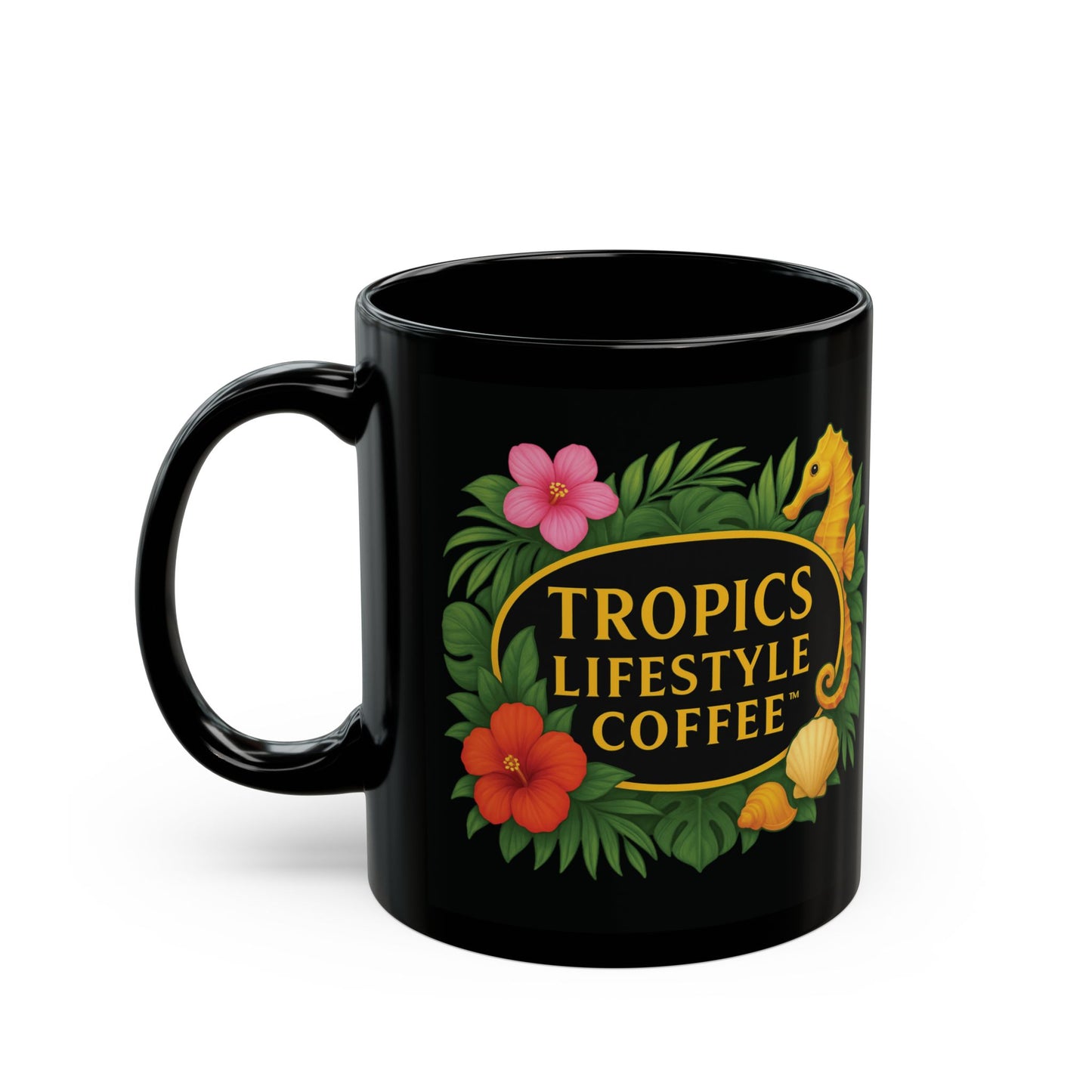 Black Coffee Mug - Seahorse Fantasy, Black /TLCoffee Logo