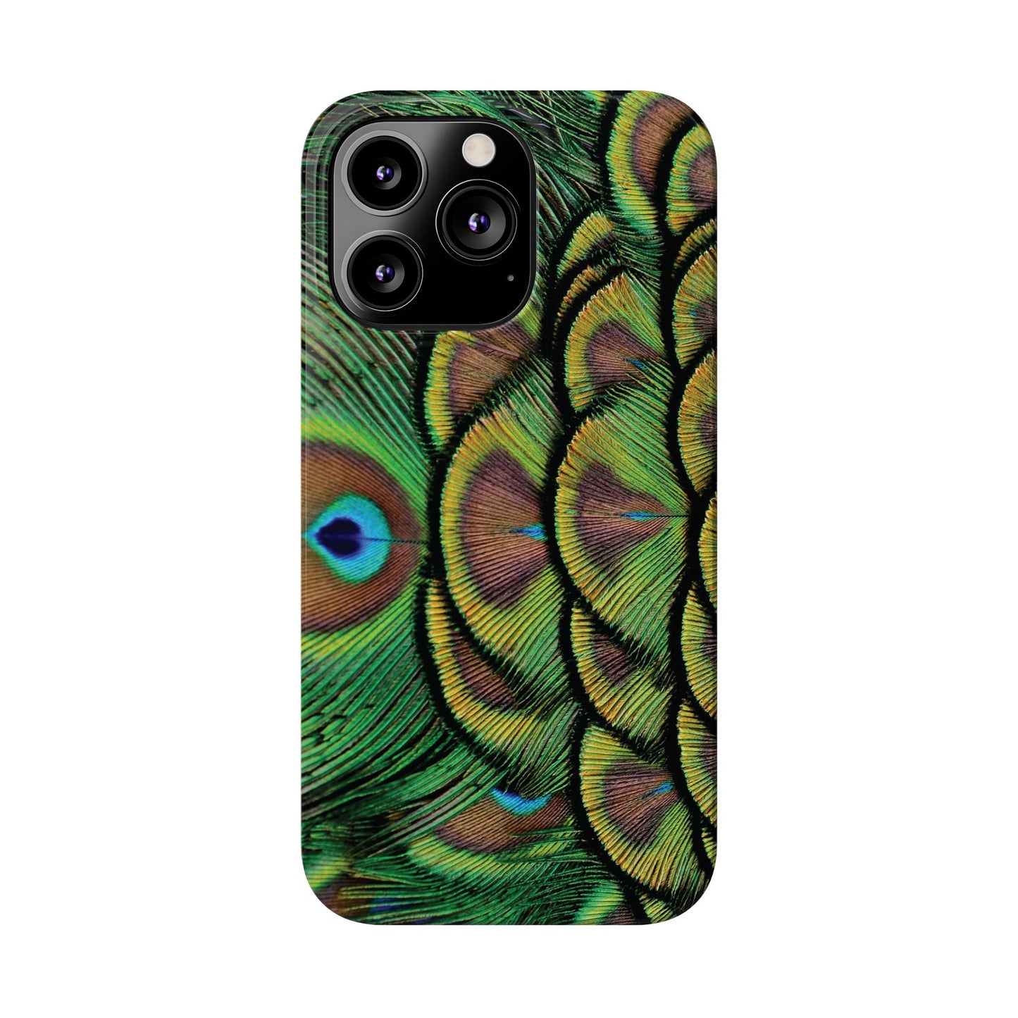 Slim Phone Cases - Brilliant Green Peacock Feathers