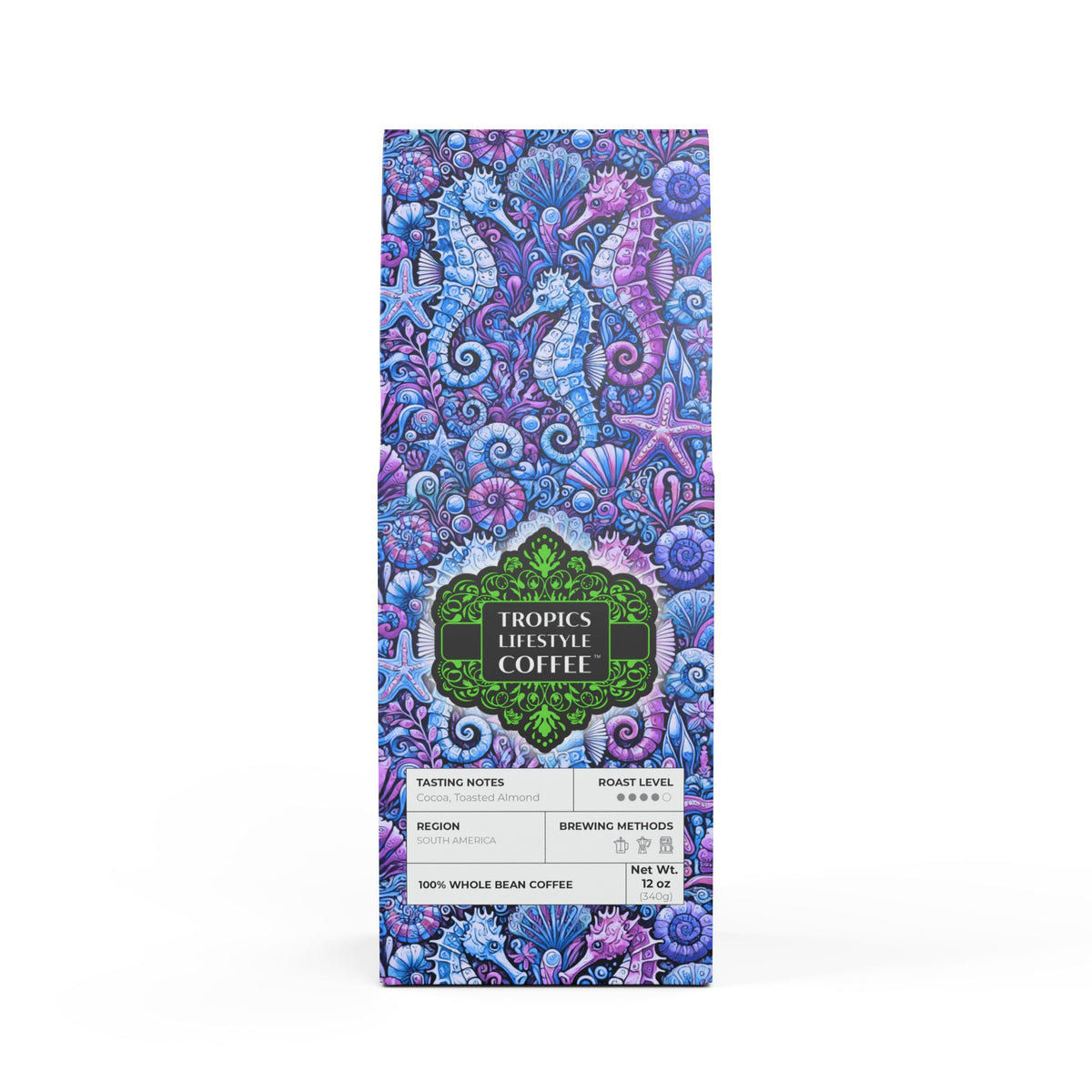 Midnight Surf Blend™ (Medium-Dark Roast) Specialty Grade Craft Coffee / Seahorse Trio, Blue