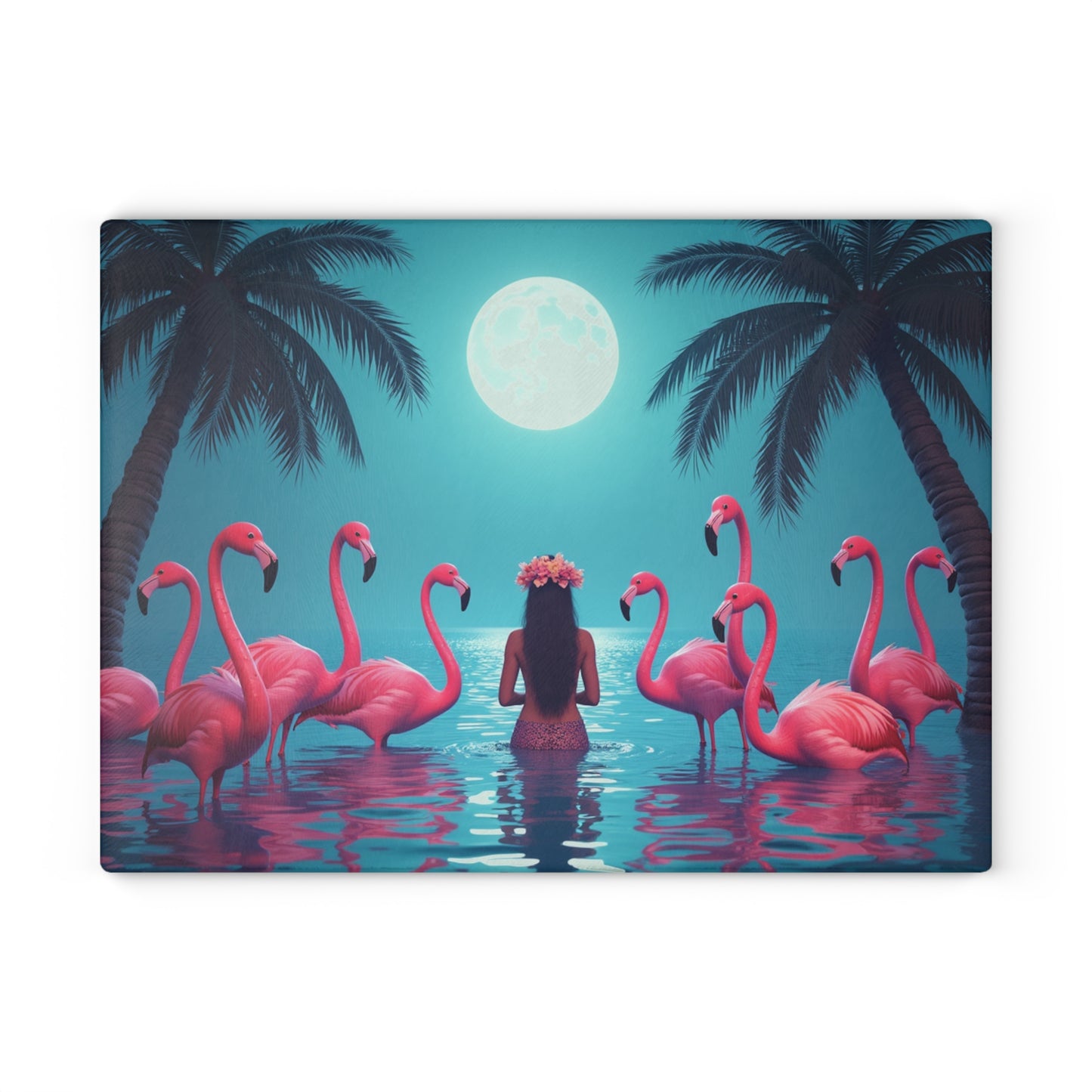 Glass Cutting Board, 2 sizes - Moonlit Mermaid and Flamingos