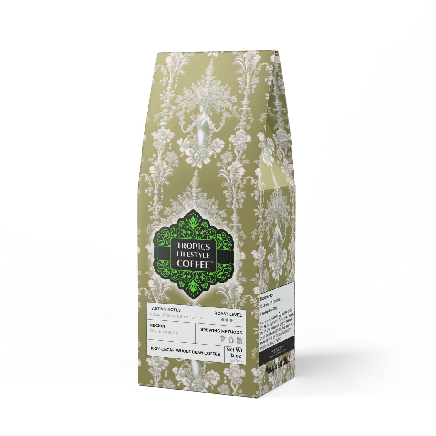Rainforest Mist™ Single Origin DECAF (Medium Roast), Specialty Grade Craft Coffee / Pearl Lady Toile, Highborn Green