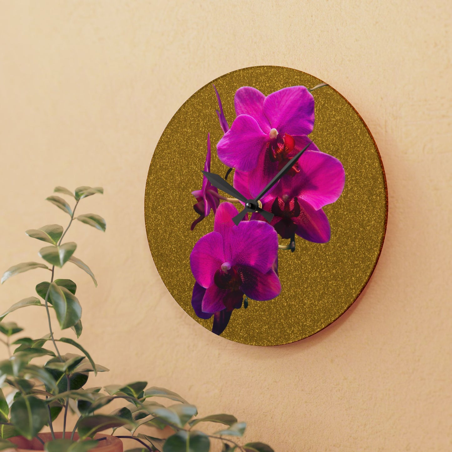 Acrylic Wall Clock - Purple Orchids/Gold, Various Sizes