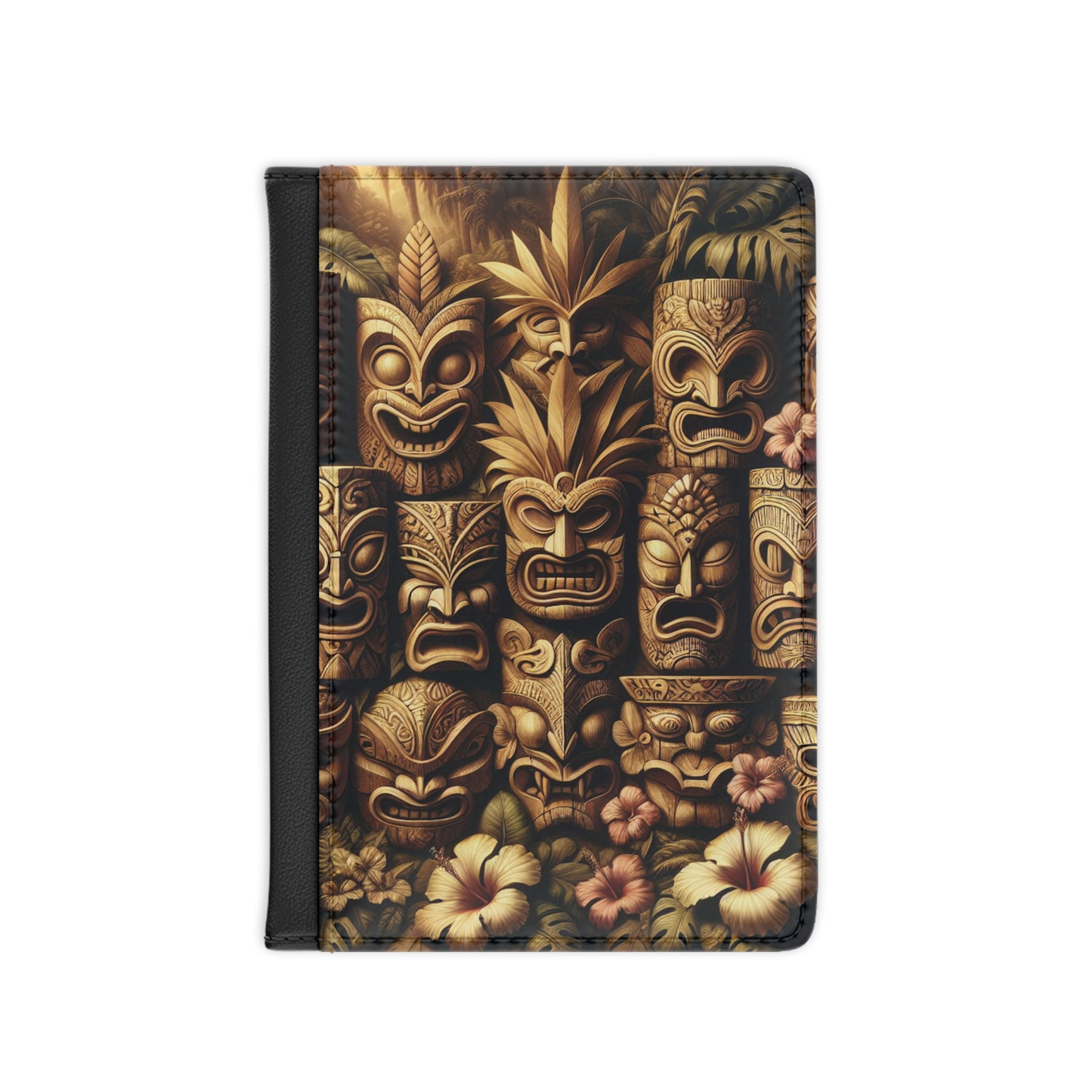 Tropical Passport Cover, Faux Leather - RFID blocking for travel security / Tiki Totem Faces
