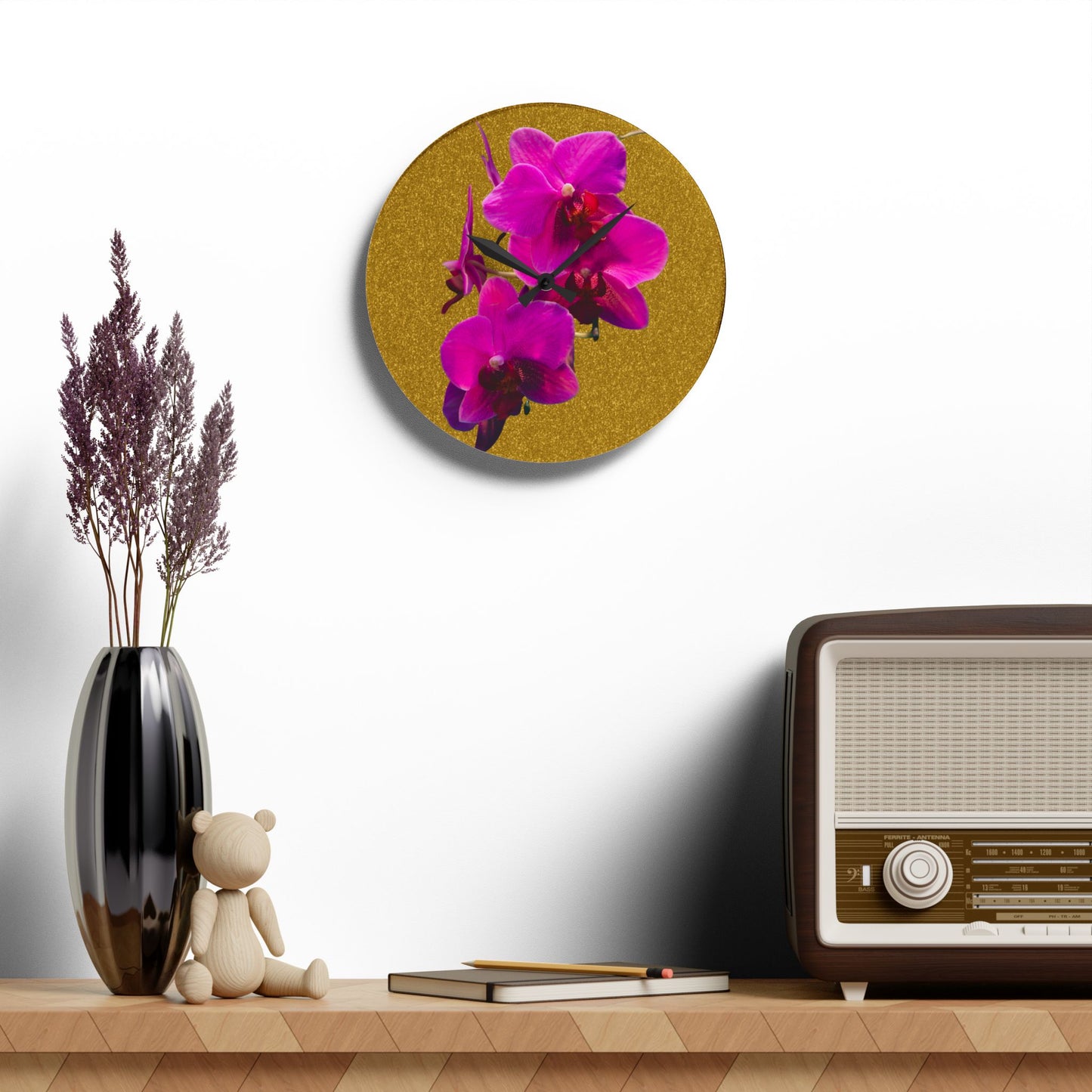 Acrylic Wall Clock - Purple Orchids/Gold, Various Sizes