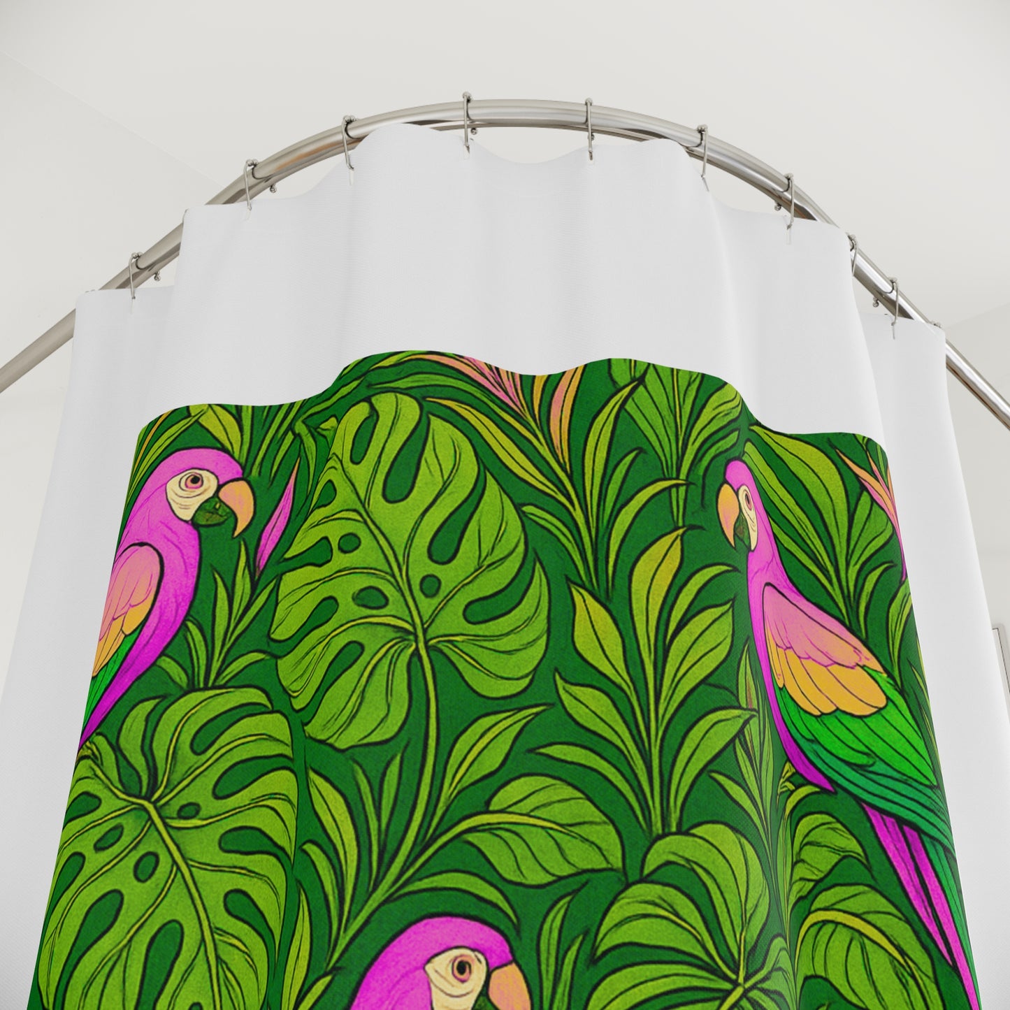 Tropical Shower Curtain - Ocean Bathroom Decor / Parrot Family/Pink, White