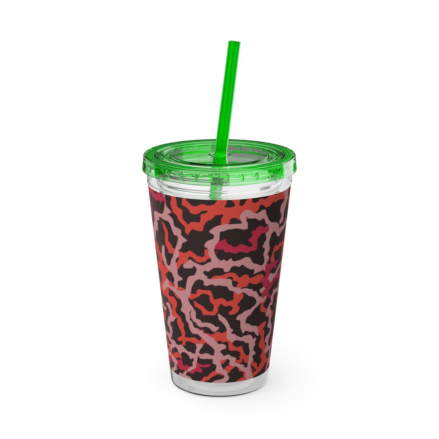Tropical Tumbler with Straw | 16oz Colorful Travel Cup / Coral Threads, Red