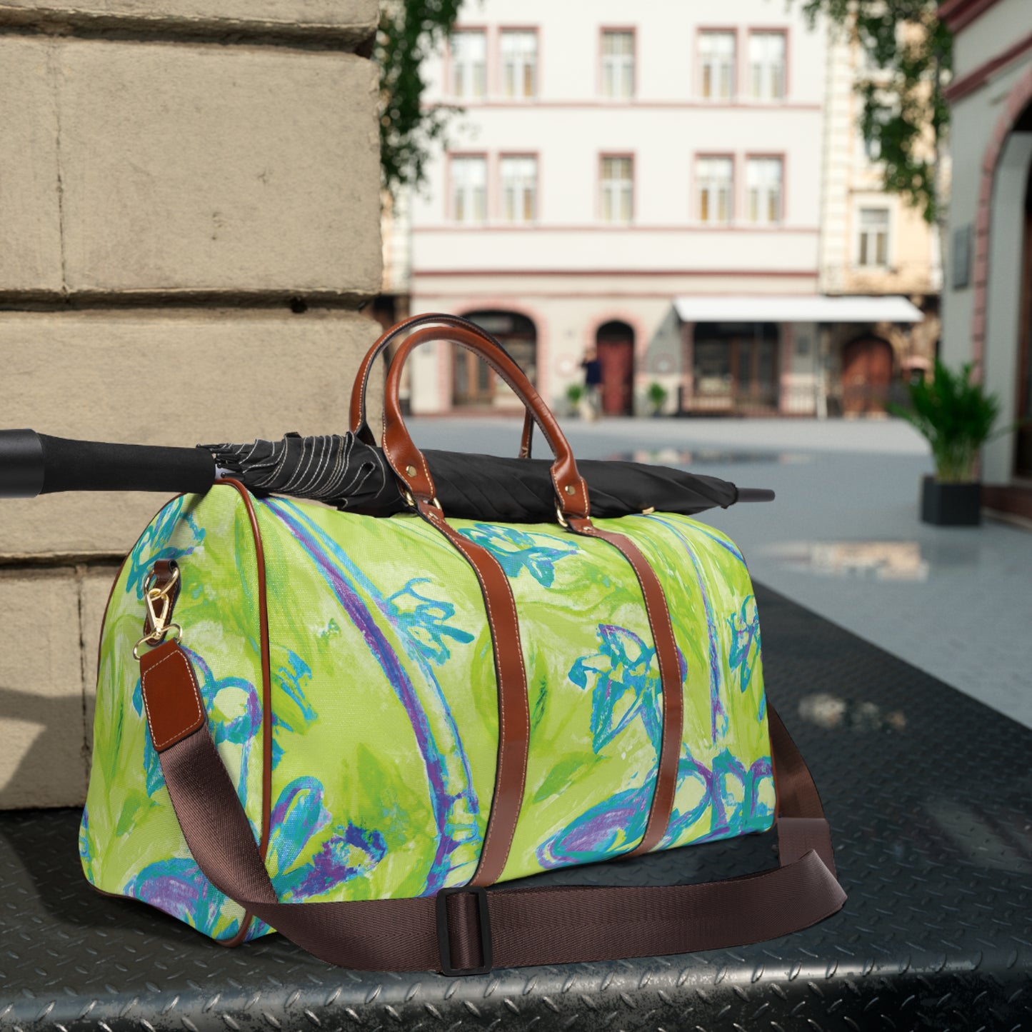 Tropical Waterproof Travel Bag - Perfect for Beach Getaways / Tropical Doodles, Hot Lime