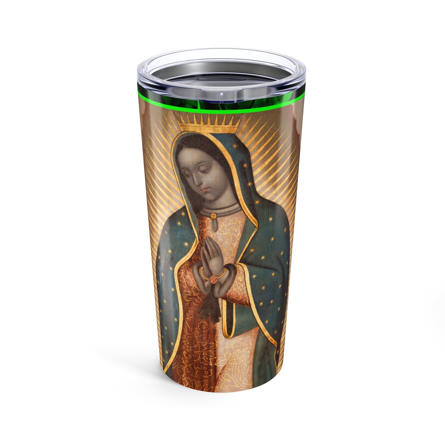 Religious Tumbler 20oz, Green, Tropical Glow Our Lady of Guadalupe