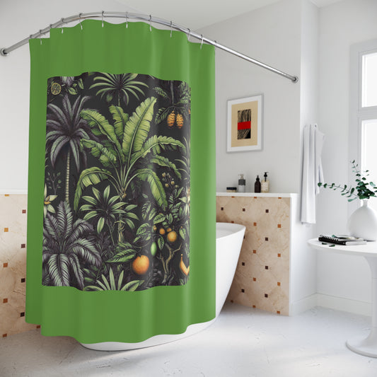 Palm Tree Shower Curtain - Ocean Bathroom Decor / Tropical Fruit/Black, Green