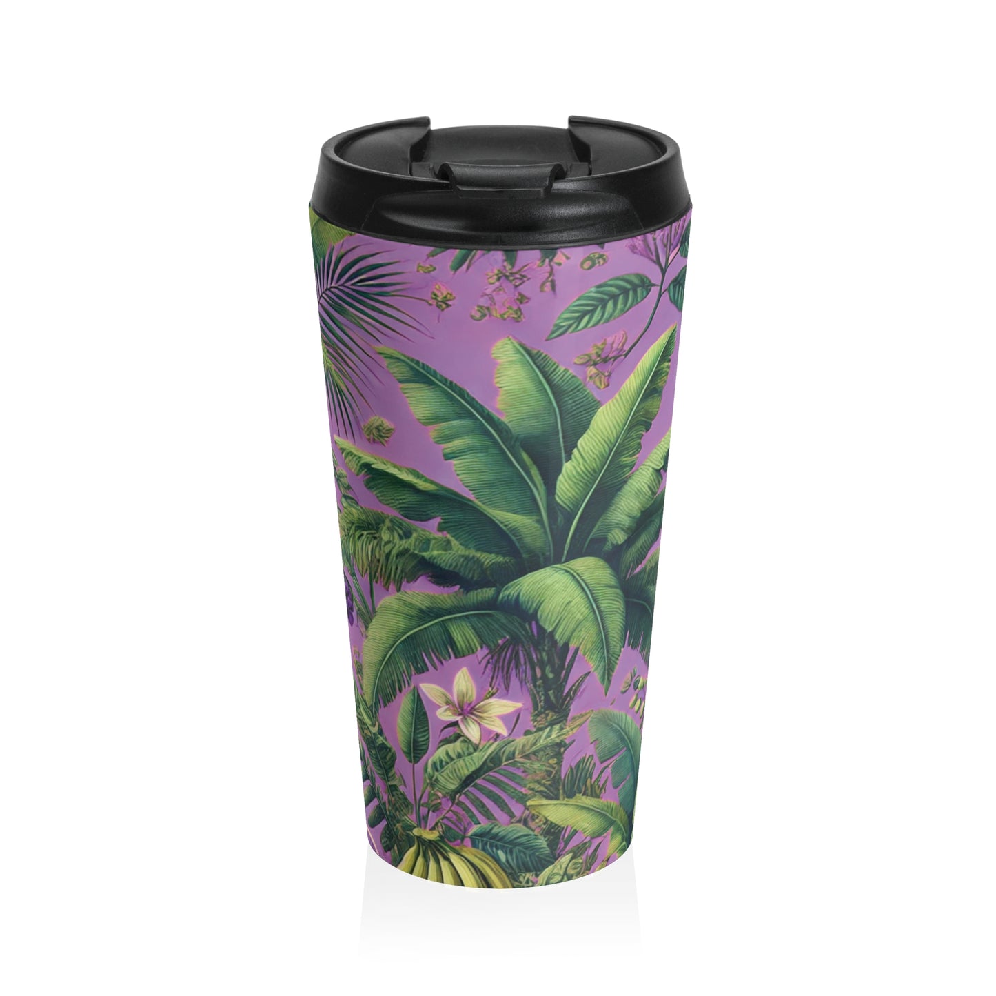 15 oz. Stainless Steel Travel Mug / Palms & Tropical Fruit, Hot Lilac
